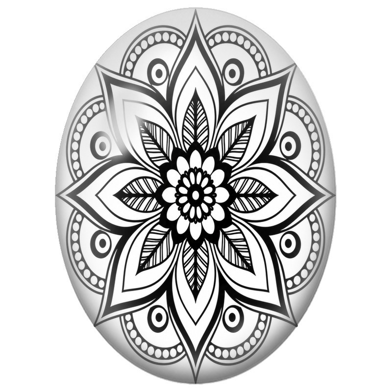 Cabochon en Verre Illustré Mandala Floral Noir et Blanc aux Feuilles 13x18, 18x25 ou 30x40mm