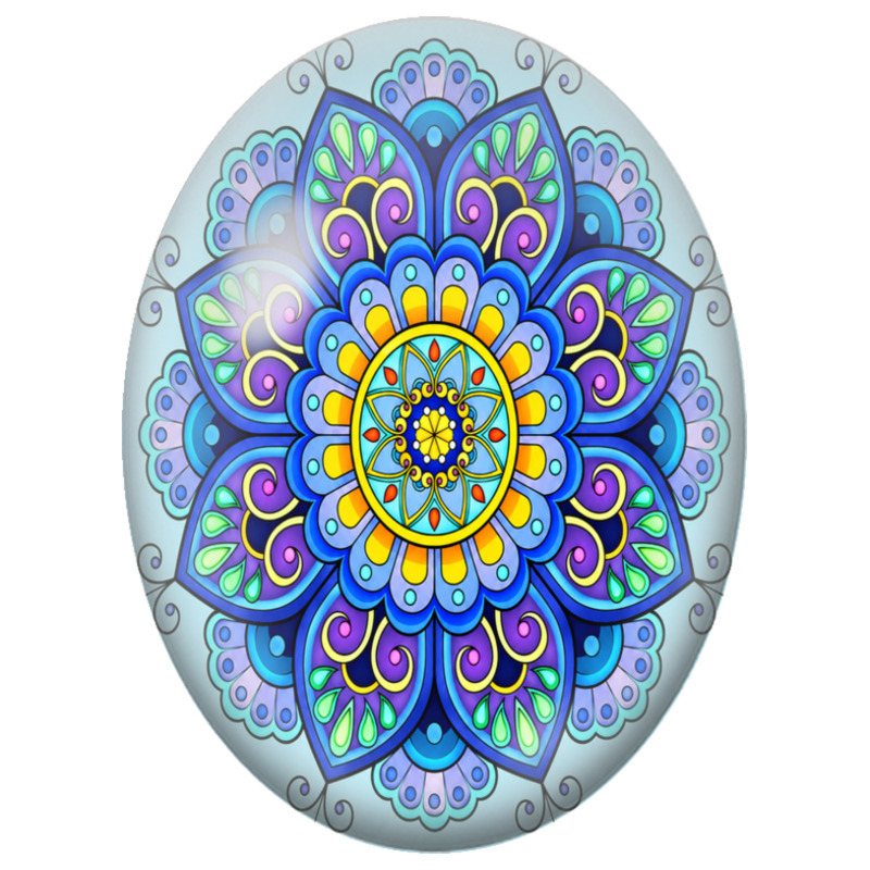 Cabochon en Verre Illustré Mandala Floral Bleu et Violet 13x18, 18x25 ou 30x40mm