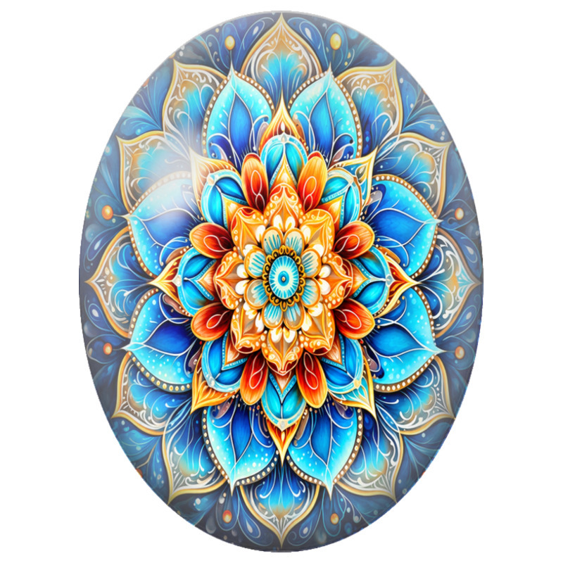 Cabochon en Verre Illustré Mandala Floral Bleu et Orange 13x18, 18x25 ou 30x40mm