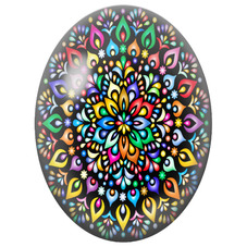 Cabochon en Verre Illustré Mandala Multicolore sur Fond Noir pour la Création de Bijoux Fantaisie - DIY