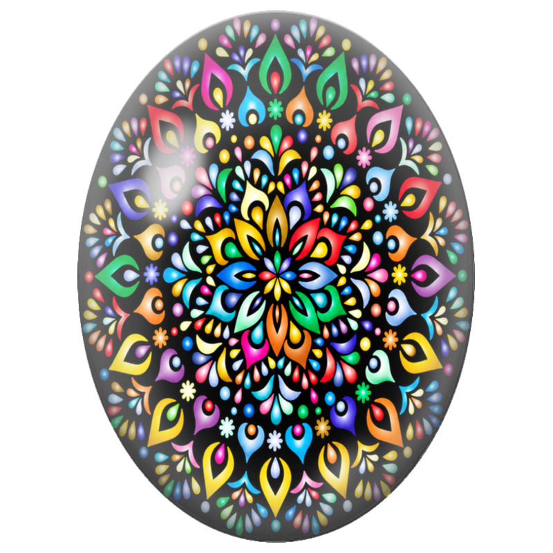 Cabochon en Verre Illustré Mandala Multicolore sur Fond Noir 13x18, 18x25 ou 30x40mm