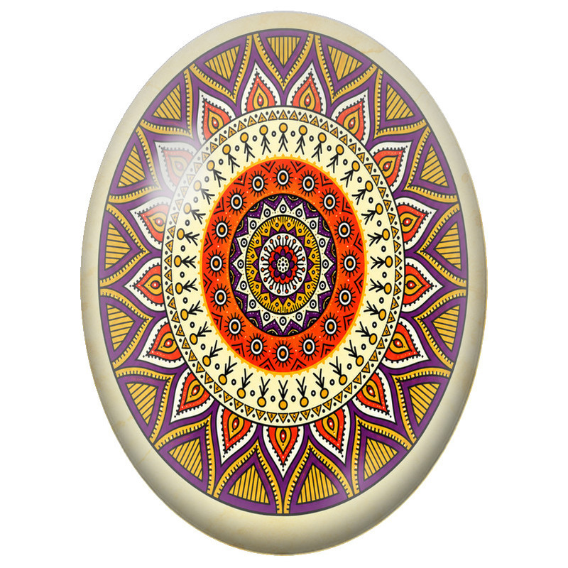 Cabochon en Verre Illustré Mandala Tribal Orange, Violet et Jaune 13x18, 18x25 ou 30x40mm