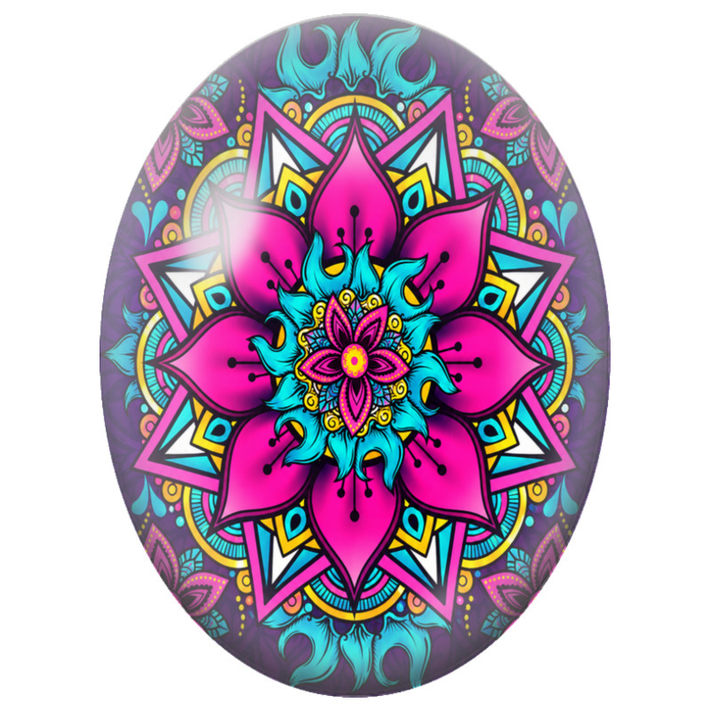 Cabochon en Verre Illustré Mandala Floral Rose et Turquoise sur Fond Violet 13x18, 18x25 ou 30x40mm