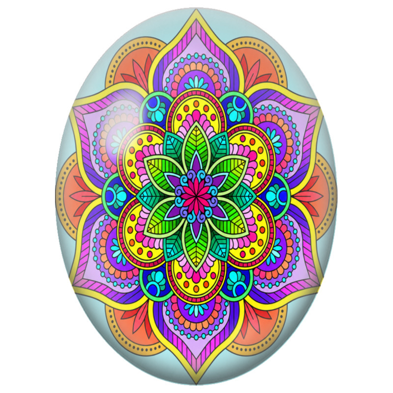 Cabochon en Verre Illustré Mandala Floral Multicolore sur Fond Bleu Clair 13x18, 18x25 ou 30x40mm