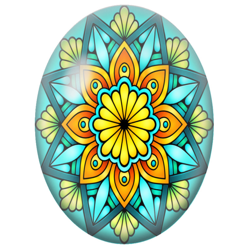 Cabochon en Verre Illustré Mandala Floral Jaune, Orange et Turquoise 13x18, 18x25 ou 30x40mm