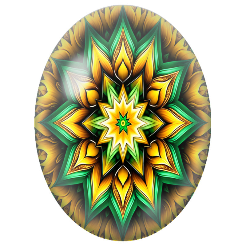 Cabochon en Verre Illustré Mandala Floral Vert et Or 13x18, 18x25 ou 30x40mm