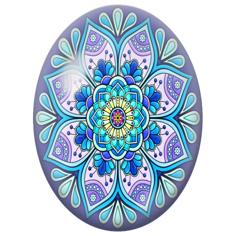 Cabochon en Verre Illustré Mandala Floral Bleu et Lavande 13x18, 18x25 ou 30x40mm