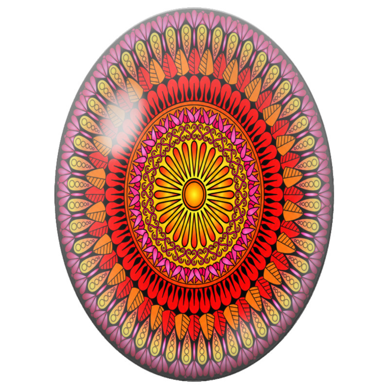 Cabochon en Verre Illustré Mandala Solaire Rouge, Orange et Rose 13x18, 18x25 ou 30x40mm