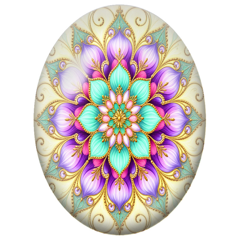 Cabochon en Verre Illustré Mandala Floral Violet, Turquoise et Or 13x18, 18x25 ou 30x40mm