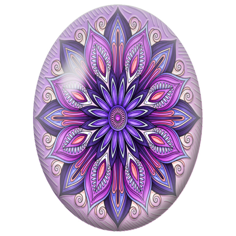 Cabochon en Verre Illustré Mandala Floral Violet et Rose 13x18, 18x25 ou 30x40mm