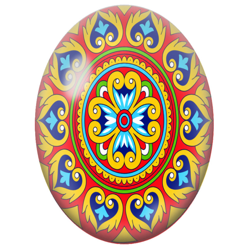 Cabochon en Verre Illustré Mandala Oriental Rouge, Jaune et Bleu 13x18, 18x25 ou 30x40mm