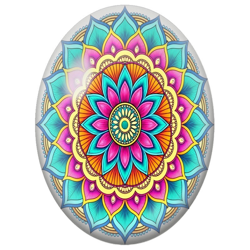 Cabochon en Verre Illustré Mandala Floral Turquoise et Rose 13x18, 18x25 ou 30x40mm