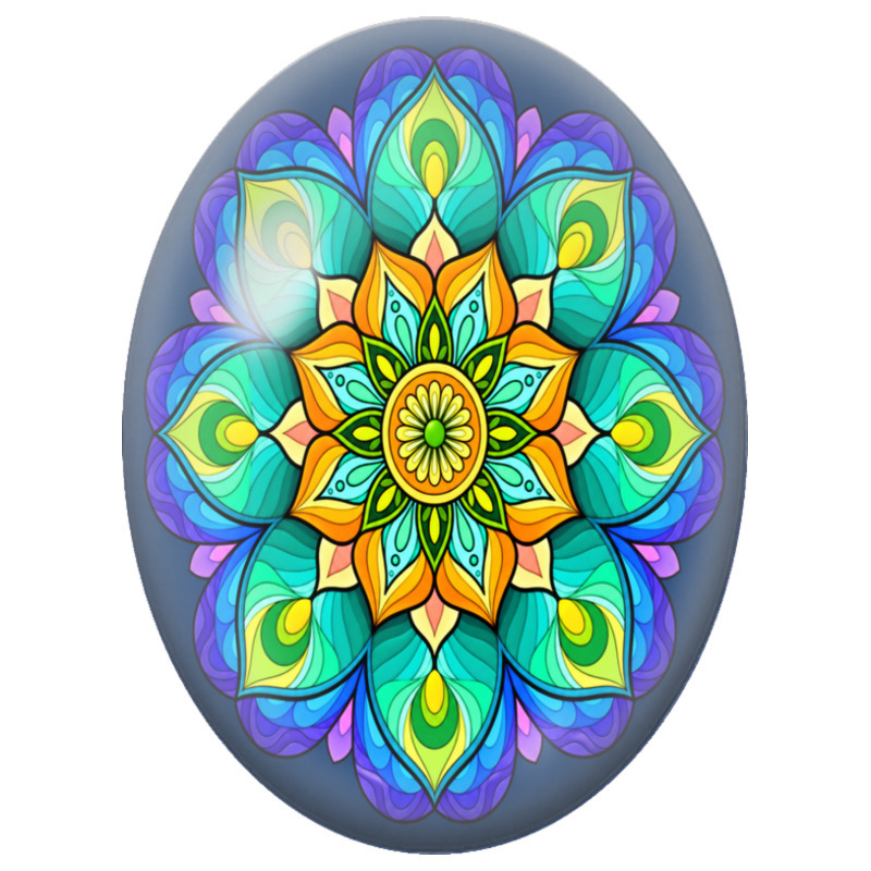 Cabochon en Verre Illustré Mandala Floral Vert, Turquoise et Orange sur Fond Bleu Nuit 13x18, 18x25 ou 30x40mm