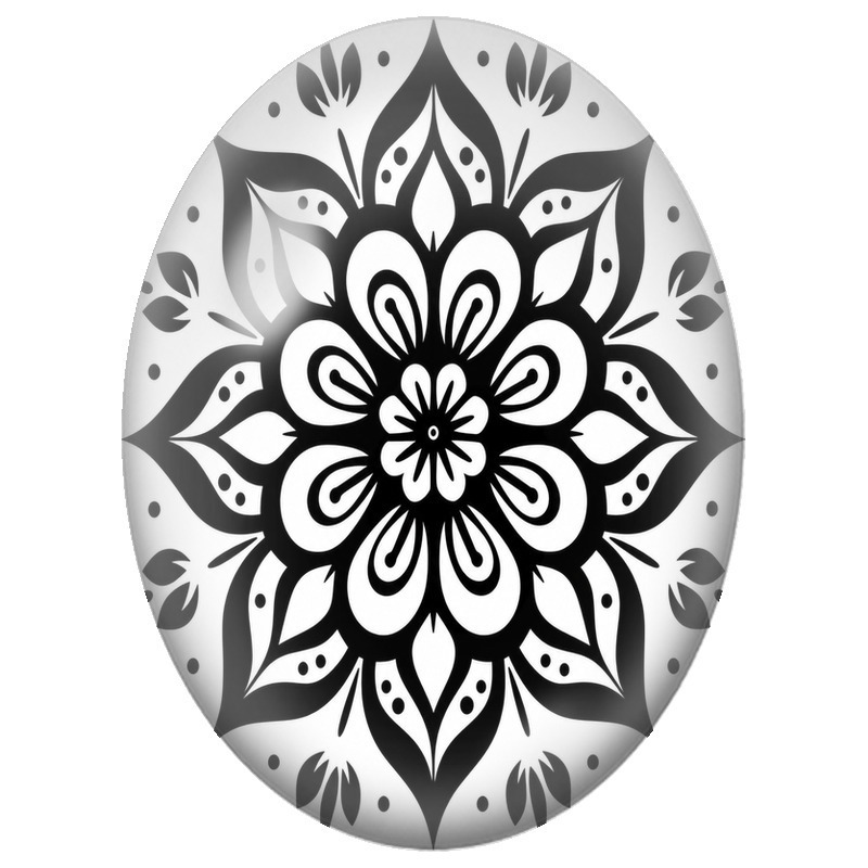 Cabochon en Verre Illustré Mandala Floral Noir et Blanc aux Tulipes 13x18, 18x25 ou 30x40mm