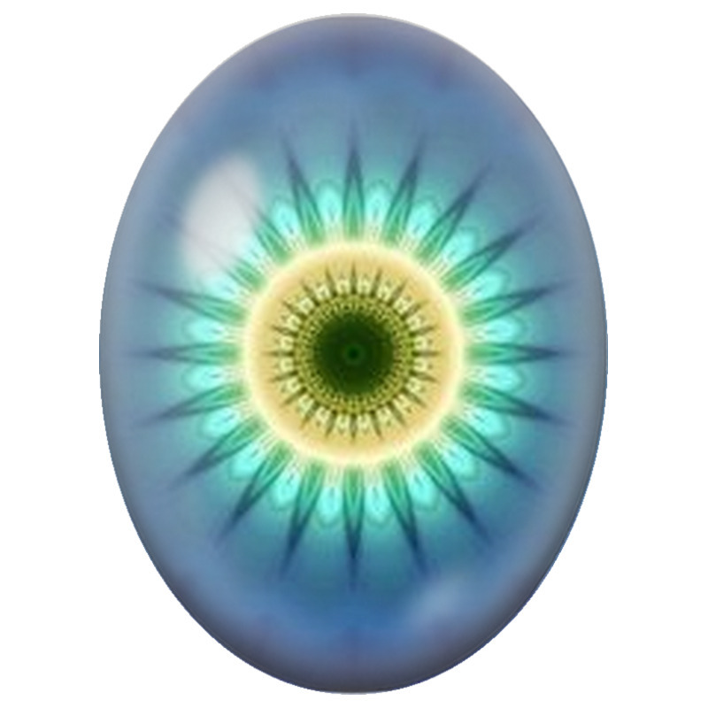 Cabochon en Verre Illustré Mandala Lumineux Bleu, Vert et Ivoire 13x18, 18x25 ou 30x40mm
