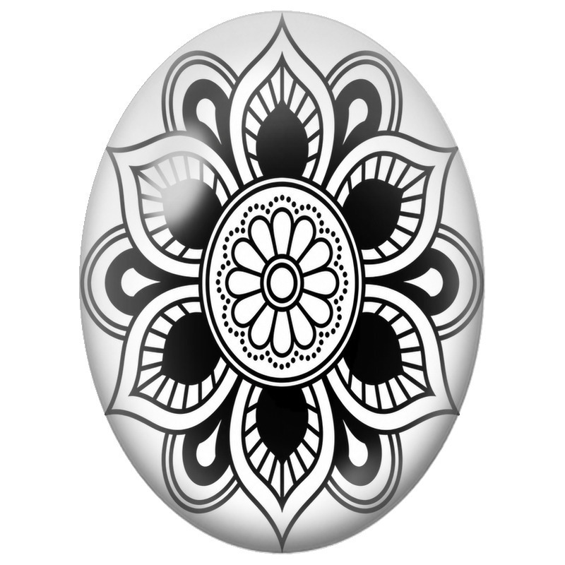 Cabochon en Verre Illustré Mandala Floral Noir et Blanc aux Pétales Rayés 13x18, 18x25 ou 30x40mm