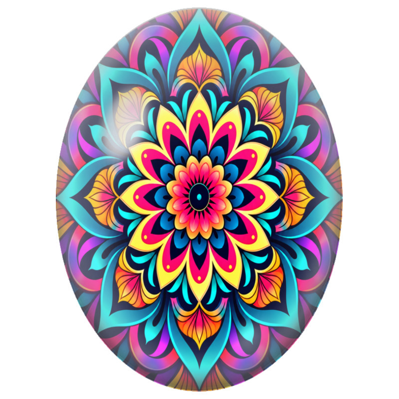 Cabochon en Verre Illustré Mandala Floral Rose, Turquoise et Jaune 13x18, 18x25 ou 30x40mm