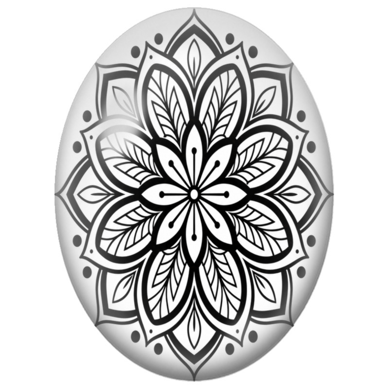 Cabochon en Verre Illustré Mandala Floral Noir et Blanc aux Feuilles Nervurées 13x18, 18x25 ou 30x40mm