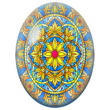 Cabochon en Verre Illustré Mandala Floral Jaune et Bleu pour la Création de Bijoux Fantaisie - DIY