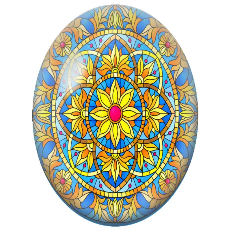 Cabochon en Verre Illustré Mandala Floral Jaune et Bleu 13x18, 18x25 ou 30x40mm