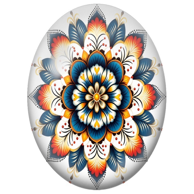 Cabochon en Verre Illustré Mandala Floral Bleu Nuit, Orange et Ivoire 13x18, 18x25 ou 30x40mm