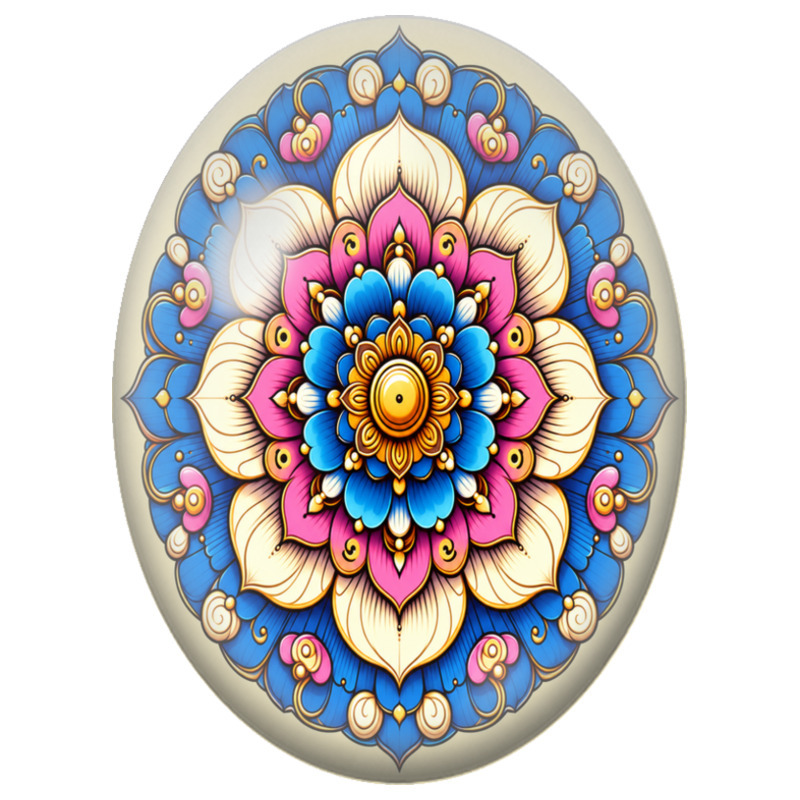 Cabochon en Verre Illustré Mandala Floral Bleu Royal, Rose et Or 13x18, 18x25 ou 30x40mm