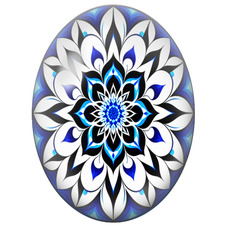 Cabochon en Verre Illustré Mandala Floral Bleu, Noir et Blanc pour la Création de Bijoux Fantaisie - DIY