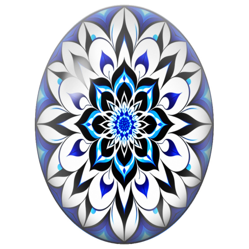 Cabochon en Verre Illustré Mandala Floral Bleu, Noir et Blanc 13x18, 18x25 ou 30x40mm