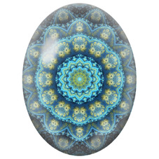 Cabochon en Verre Illustré Mandala Fractal Bleu et Vert pour la Création de Bijoux Fantaisie - DIY