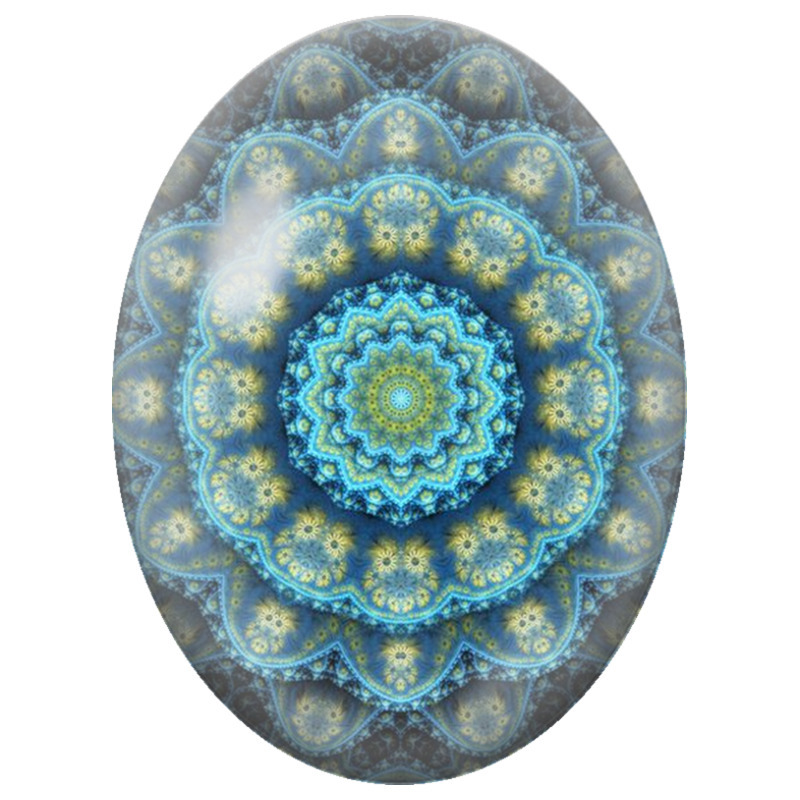 Cabochon en Verre Illustré Mandala Fractal Bleu et Vert 13x18, 18x25 ou 30x40mm