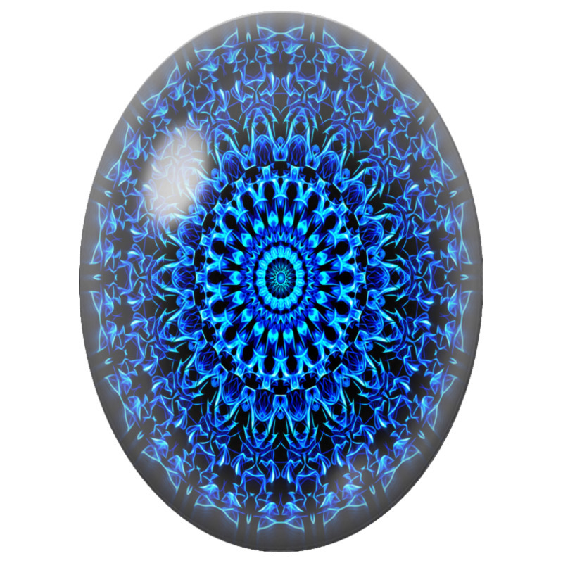 Cabochon en Verre Illustré Mandala Fractal Bleu Électrique sur Fond Noir 13x18, 18x25 ou 30x40mm