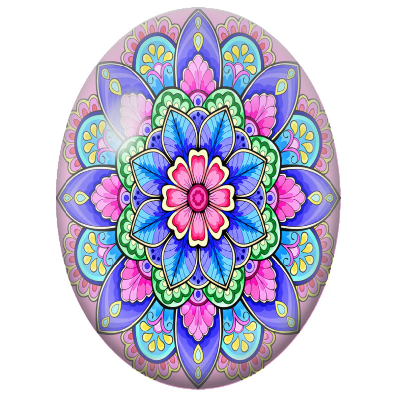 Cabochon en Verre Illustré Mandala Floral Rose, Bleu et Vert 13x18, 18x25 ou 30x40mm