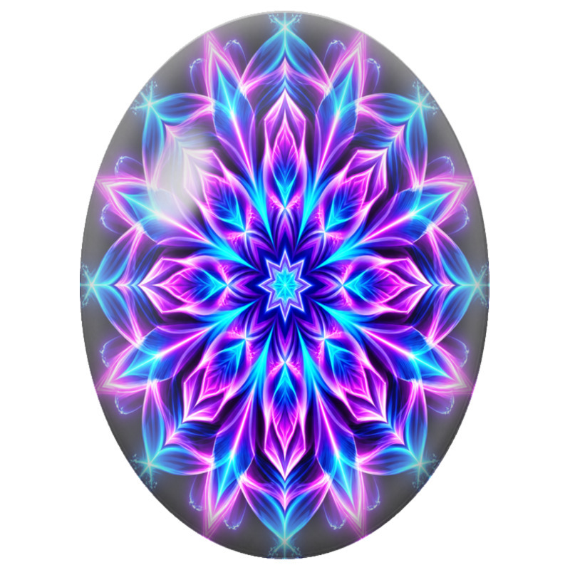 Cabochon en Verre Illustré Mandala Néon Violet et Bleu sur Fond Noir 13x18, 18x25 ou 30x40mm