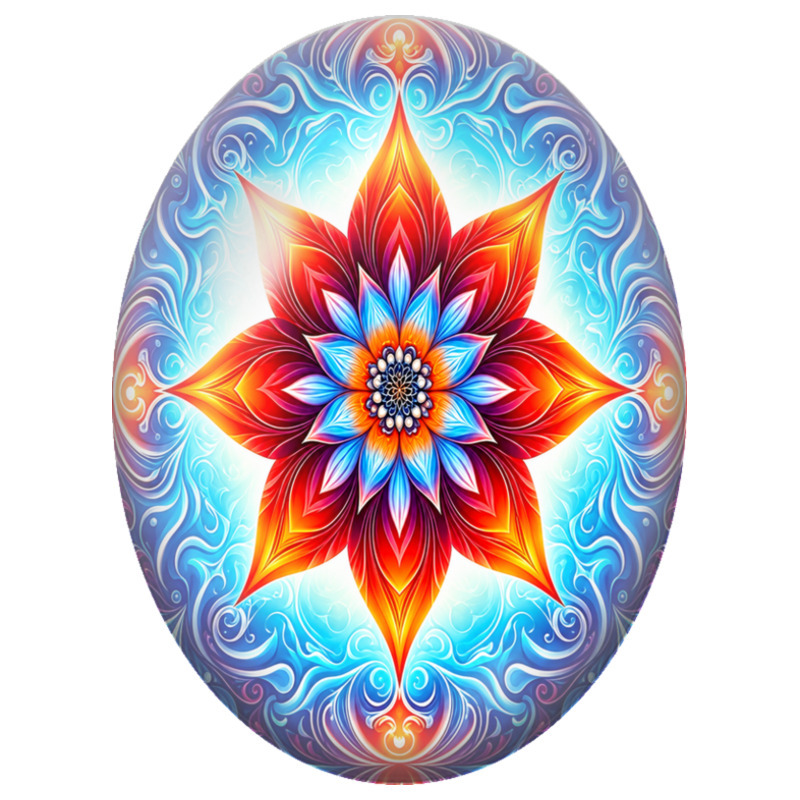Cabochon en Verre Illustré Mandala Floral Rouge et Bleu Lumineux 13x18, 18x25 ou 30x40mm