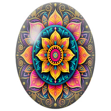 Cabochon en Verre Illustré Mandala Floral Orange, Rose et Bleu sur Fond Noir pour la Création de Bijoux Fantaisie - DIY