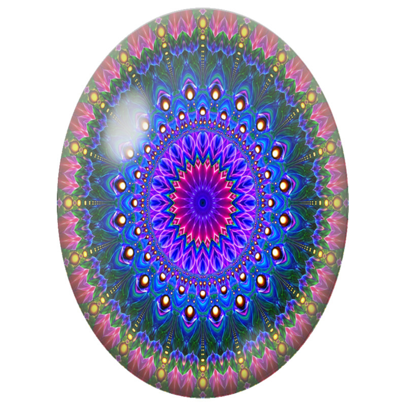 Cabochon en Verre Illustré Mandala Fractal Violet, Bleu et Rose 13x18, 18x25 ou 30x40mm