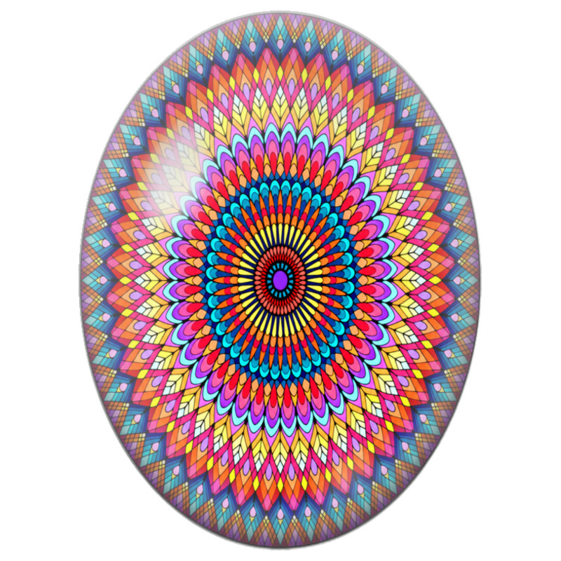 Cabochon en Verre Illustré Mandala Géométrique Arc-en-Ciel 13x18, 18x25 ou 30x40mm