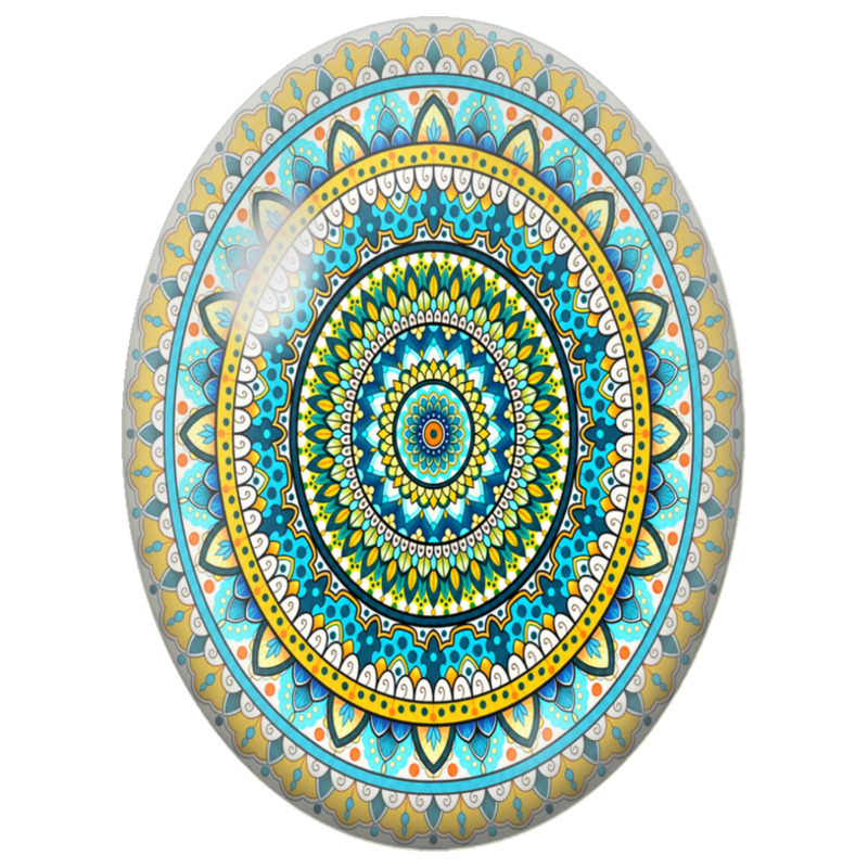 Cabochon en Verre Illustré Mandala Oriental Turquoise, Jaune et Ivoire 13x18, 18x25 ou 30x40mm