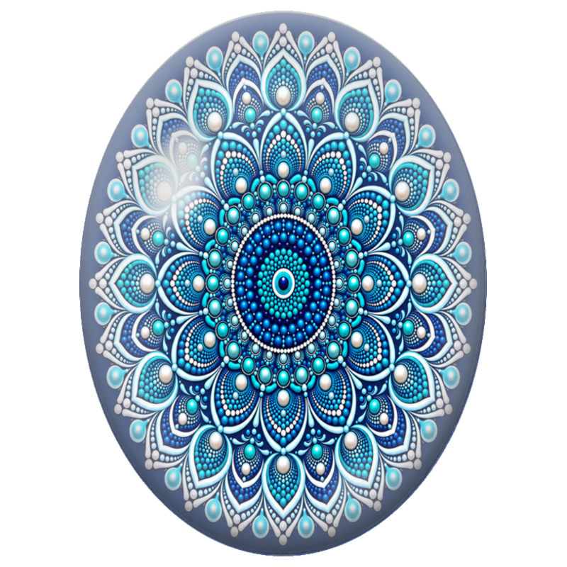 Cabochon en Verre Illustré Mandala Pointilliste Bleu et Blanc 13x18, 18x25 ou 30x40mm