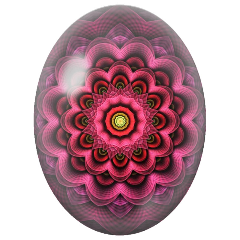 Cabochon en Verre Illustré Mandala Fractal Rose et Bordeaux 13x18, 18x25 ou 30x40mm