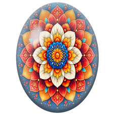 Cabochon en Verre Illustré Mandala Floral Rouge, Orange et Bleu pour la Création de Bijoux Fantaisie - DIY