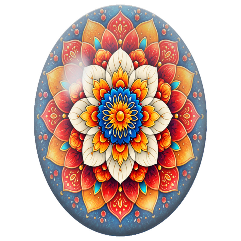 Cabochon en Verre Illustré Mandala Floral Rouge, Orange et Bleu 13x18, 18x25 ou 30x40mm