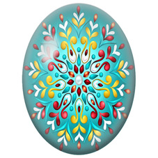 Cabochon en Verre Illustré Mandala Arabesques Rouge, Jaune et Blanc sur Fond Turquoise pour la Création de Bijoux Fantaisie