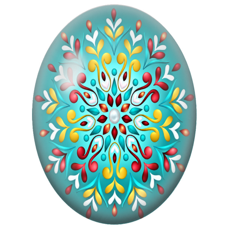 Cabochon en Verre Illustré Mandala Arabesques Rouge, Jaune et Blanc sur Fond Turquoise 13x18, 18x25 ou 30x40mm