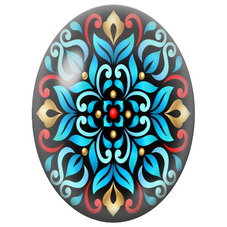 Cabochon en Verre Illustré Mandala Arabesques Turquoise, Rouge et Or sur Fond Noir pour la Création de Bijoux Fantaisie - DIY