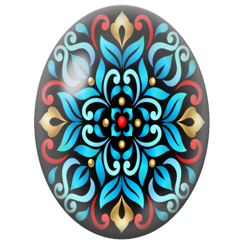 Cabochon en Verre Illustré Mandala Arabesques Turquoise, Rouge et Or sur Fond Noir 13x18, 18x25 ou 30x40mm