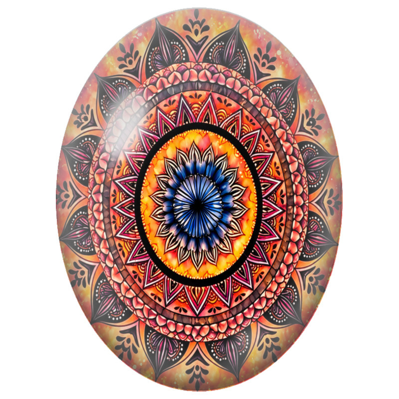 Cabochon en Verre Illustré Mandala Oriental Orange et Bleu Nuit 13x18, 18x25 ou 30x40mm