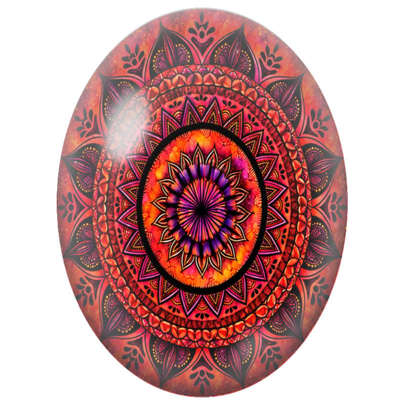 Cabochon en Verre Illustré Mandala Oriental Rouge et Violet 13x18, 18x25 ou 30x40mm