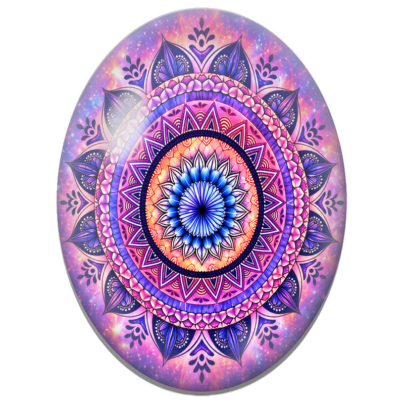 Cabochon en Verre Illustré Mandala Oriental Rose, Violet et Bleu 13x18, 18x25 ou 30x40mm