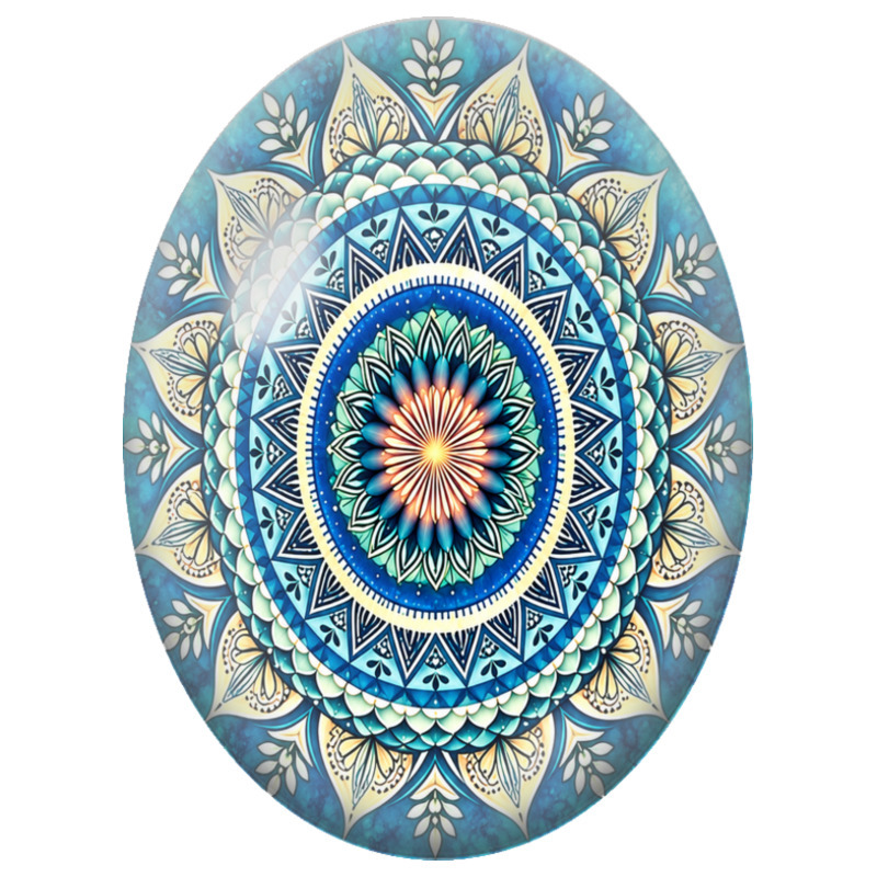 Cabochon en Verre Illustré Mandala Oriental Bleu, Vert d’Eau et Ivoire 13x18, 18x25 ou 30x40mm